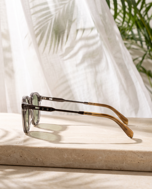 Golden Hour — ILKARA translucent smoke-grey square sunglasses, side profile view