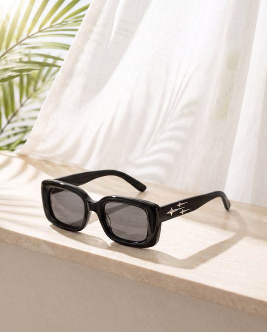 Cold Open — ILKARA black rectangular sunglasses, three-quarter view
