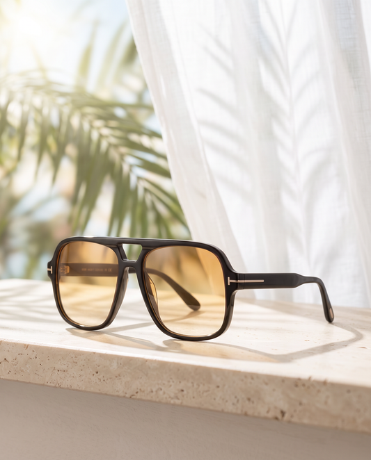 High Noon — ILKARA oversized navigator sunglasses with amber gradient lenses, three-quarter view
