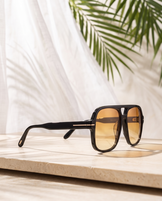 High Noon — ILKARA oversized navigator sunglasses with amber gradient lenses, side profile view