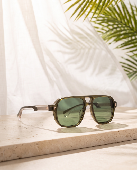 Departures — ILKARA olive-green navigator sunglasses, three-quarter view